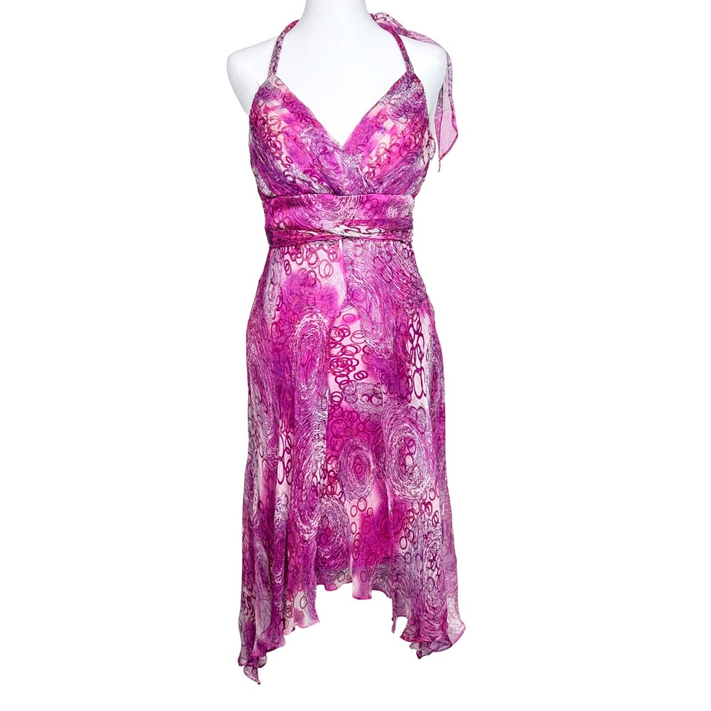 VTG Y2K 100% Silk Sue Wong Pink Fairycore Whimsygoth‎ Halter Midi Dress Coquette